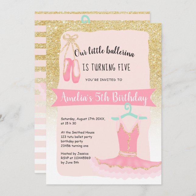 Gold glitter ombre ballerina tutu 5th birthday invitation (Front/Back)