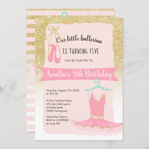Gold glitter ombre ballerina tutu 5th birthday invitation
