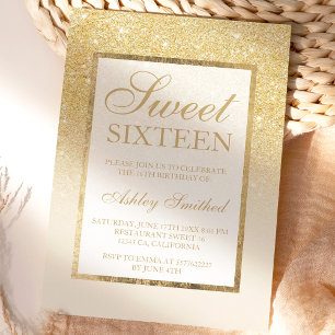 Gold glitter ombre ivory elegant Sweet sixteen Invitation