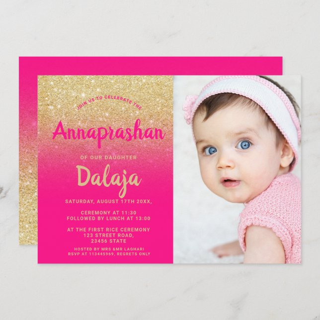 Gold glitter ombre pink script photo Annaprashan Invitation (Front/Back)