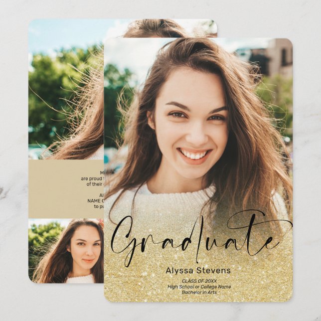 Gold glitter ombre script 4 photos graduation announcement (Front/Back)
