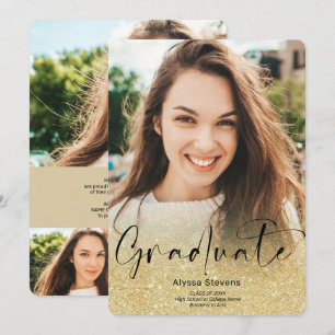Gold glitter ombre script 4 photos graduation announcement