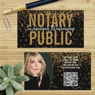 Gold Glitter On Black Custom Photo QR Code Notary Business Card