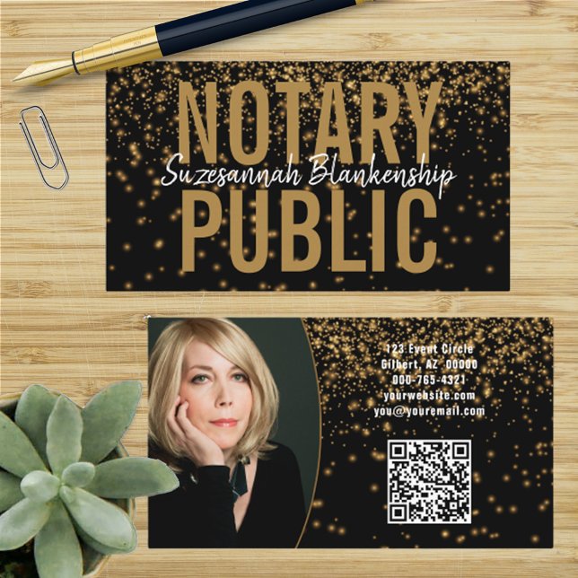 Gold Glitter On Black Custom Photo QR Code Notary Business Card (Creator Uploaded)