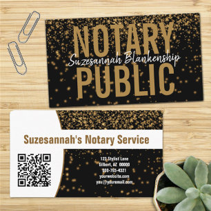 Gold Glitter On Black Custom QR Code Notary Business Card