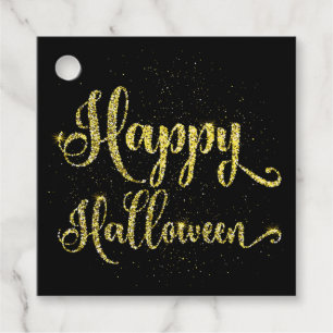 Gold Glitter On Black Happy Halloween Favour Tags