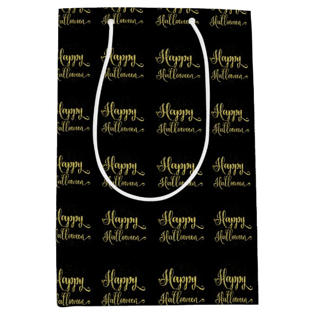 Gold Glitter On Black Happy Halloween Medium Gift Bag (Front)