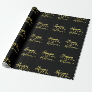 Gold Glitter On Black Happy Halloween Wrapping Paper