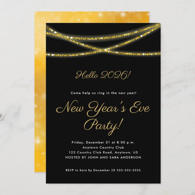 Gold Glitter on Black | New Year's Party Invitation (Front/Back)