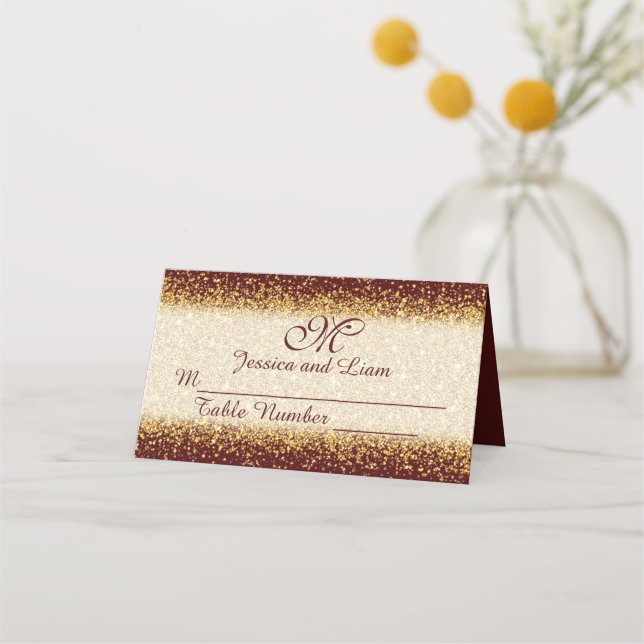 Gold Glitter on Burgundy Place Card (Front)