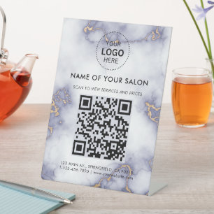 Gold Glitter On marble Salon Business QR Code and  Pedestal Sign