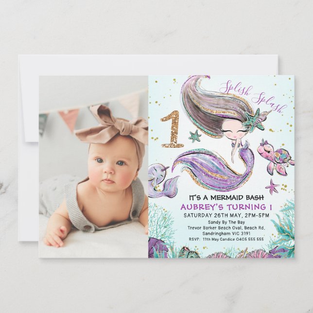 Gold Glitter One Purple Mermaid Photo 1st Birthday Invitation (Front)