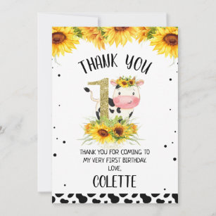Gold Glitter One Sunflower Cow Print 1st Birthday  Invitation