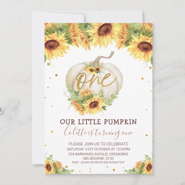Gold Glitter One Sunflower Pumpkin 1st Birthday Invitation (Front)