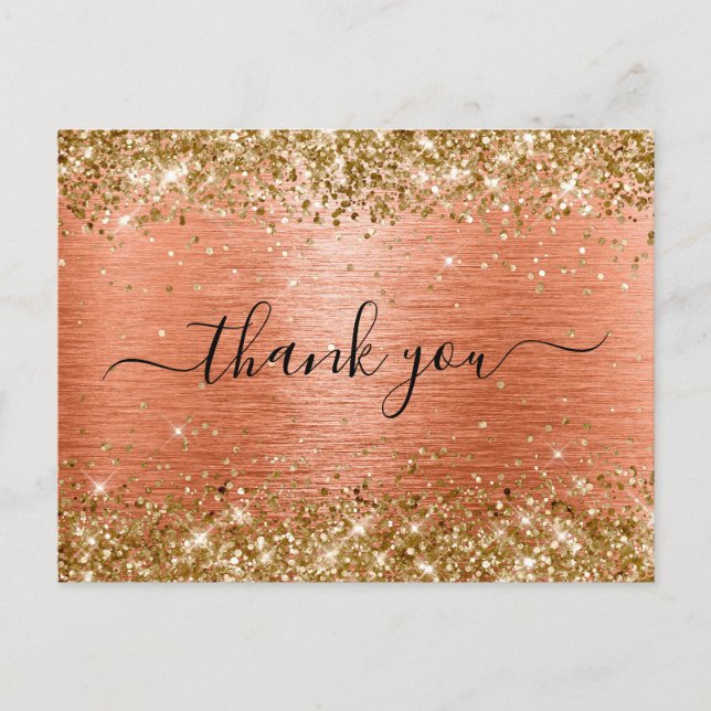 Gold Glitter Orange Coral Foil Birthday Thank You Postcard (Front)