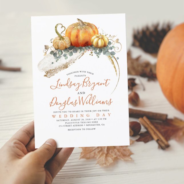 Gold Glitter Orange Pumpkins Elegant Fall Wedding Invitation (Creator Uploaded)