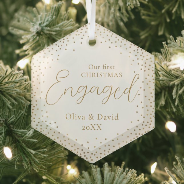 Gold Glitter Our First Christmas Engaged Script Glass Tree Decoration (Insitu)