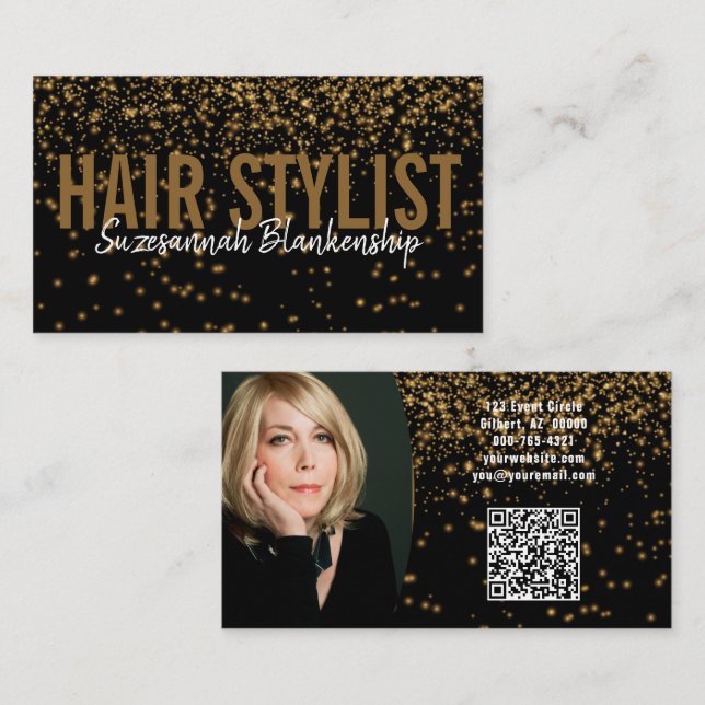 Gold Glitter Over Black Custom Photo QR Code Business Card (Front/Back)