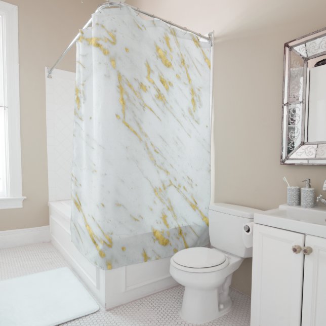 Gold Glitter Over White Marble Stone Shower Curtain (In Situ)