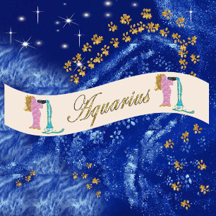 Gold & Glitter Painted Aquarius & Gold Name Satin Ribbon