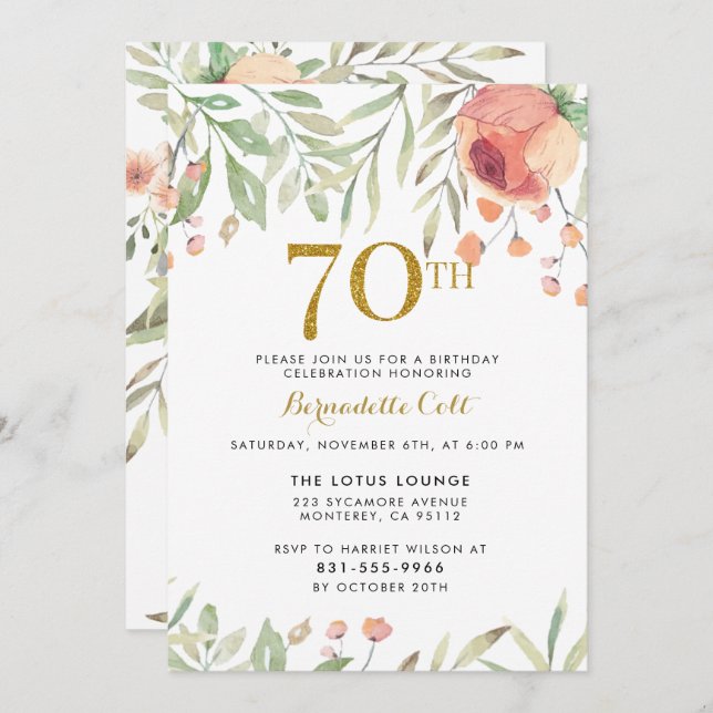 Gold Glitter & Painted Roses 70th Birthday Party Invitation (Front/Back)