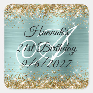 Gold Glitter Pale Teal Foil Monogram 21st Birthday Square Sticker
