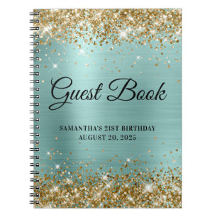 Gold Glitter Pale Turquoise 21st Bday Guestbook Notebook