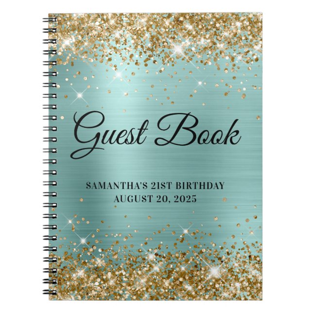 Gold Glitter Pale Turquoise 21st Bday Guestbook Notebook (Front)