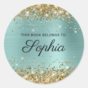 Gold Glitter Pale Turquoise Calligraphy Book Classic Round Sticker