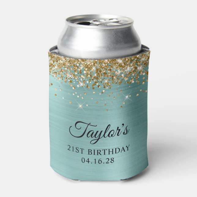 Gold Glitter Pale Turquoise Foil 21st Birthday Can Cooler (Can Front)