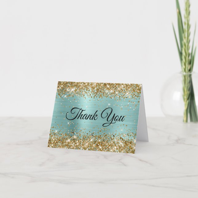 Gold Glitter Pale Turquoise Foil Thank You Card (Front)