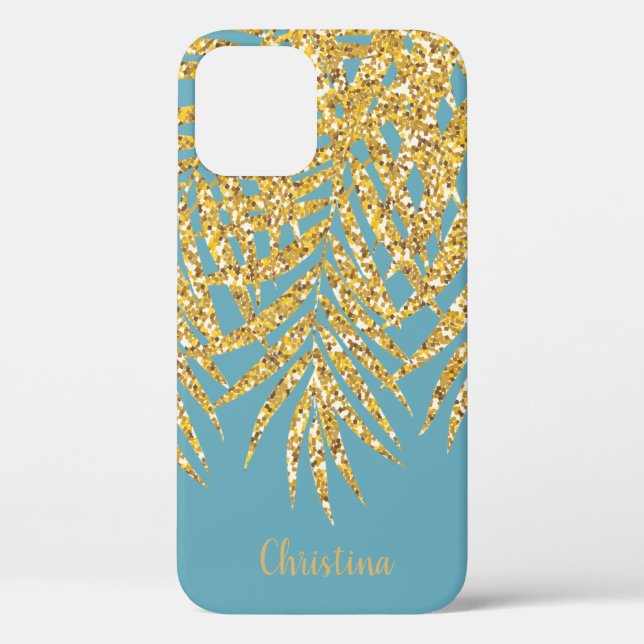 Gold Glitter Palm Fronds Name Personalised Blue Case-Mate iPhone Case (Back)