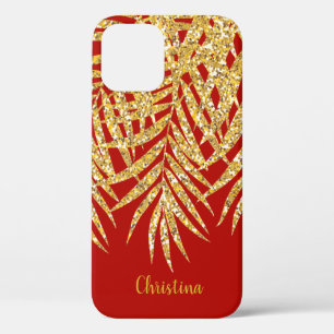 Gold Glitter Palm Fronds Name Personalised Red iPhone 12 Case