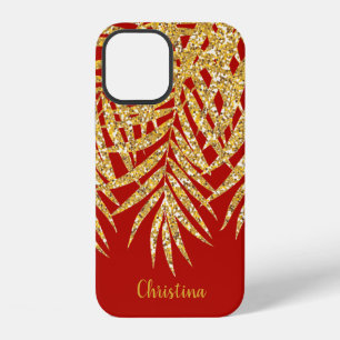 Gold Glitter Palm Fronds Name Personalised Red iPhone 12 Case