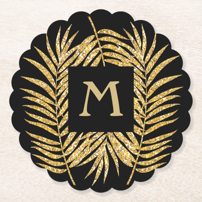 Gold Glitter Palm Fronds Paper Coaster (Front)