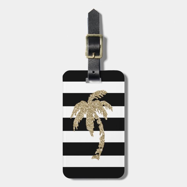 Gold Glitter Palm Tree Black/White Luggage Tag (Front Vertical)
