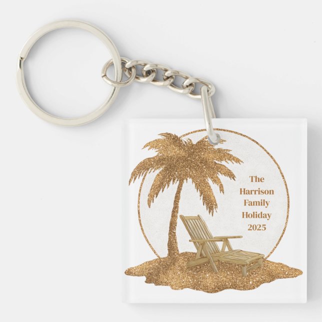 Gold Glitter Palm Tree with Custom Text Key Ring (Front)