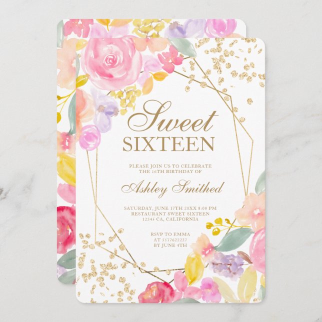 Gold glitter pastel floral watercolor Sweet 16 Invitation (Front/Back)