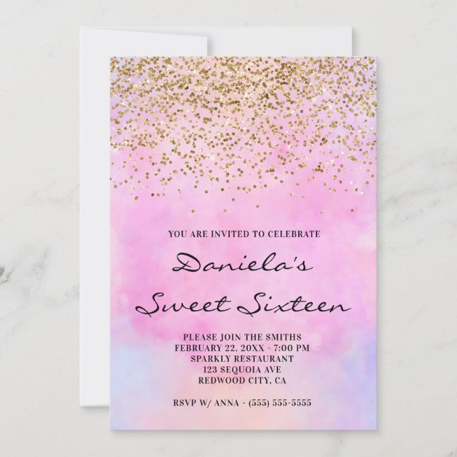 Gold Glitter Pastel Pink Watercolor Sweet Sixteen Invitation (Front)