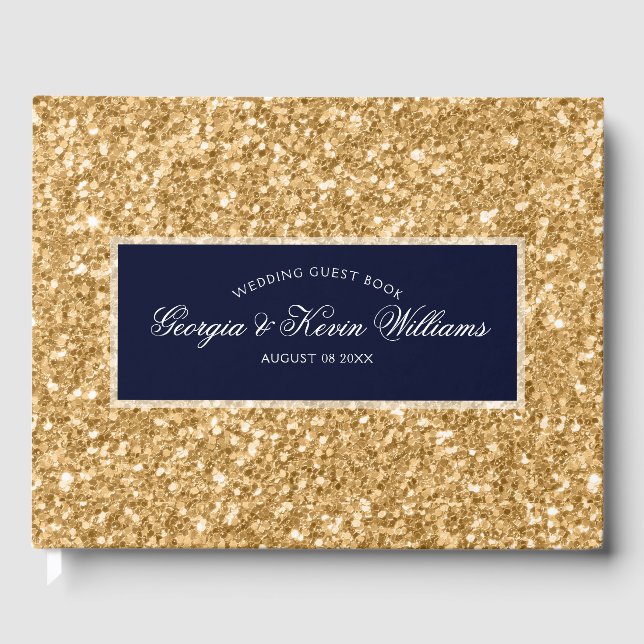 Gold Glitter Pattern & Dark Blue Guest Book (Front)