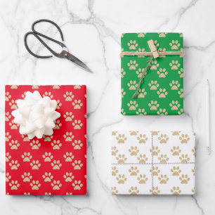 Gold Glitter Paw Prints Pet Lovers Holiday Wrapping Paper Sheet