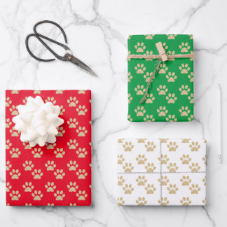 Gold Glitter Paw Prints Pet Lovers Holiday Wrapping Paper Sheet