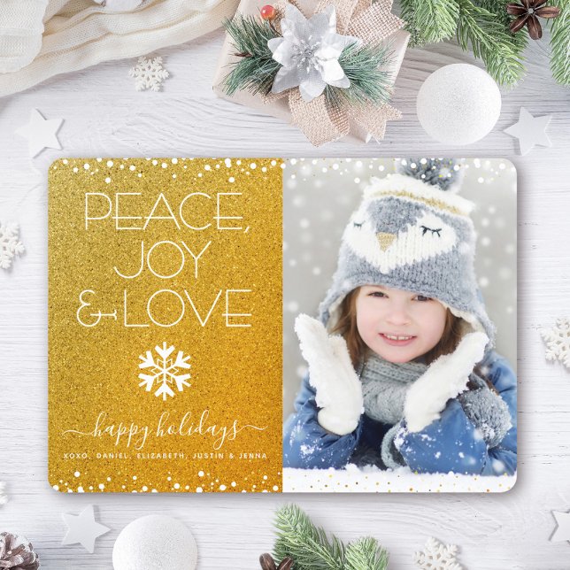 Gold Glitter Peace Joy Love Photo Snowflake Modern Holiday Card (Creator Uploaded)
