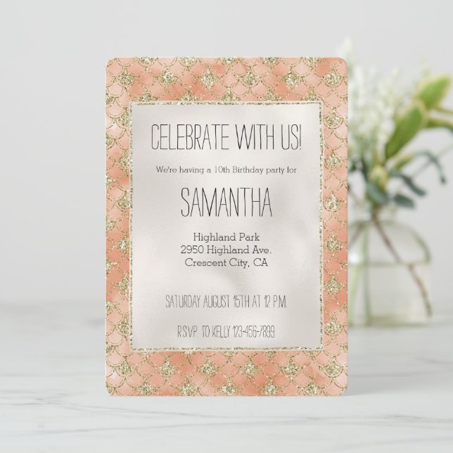 Gold Glitter Peach Rose Mermaid Invitation (Standing Front)
