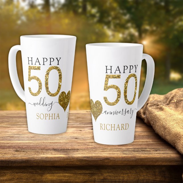 Gold Glitter Personalised 50th Wedding Anniversary Latte Mug (Gold Glitter Personalized 50th Wedding Anniversary Latte Mug golden anniversary Parents gifts)
