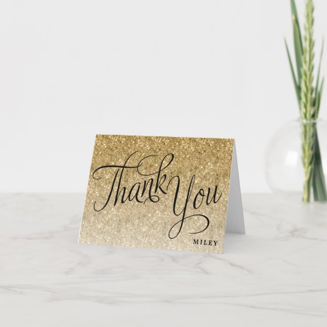 Gold Glitter Personalised Fancy Script Thank You Card (Front)