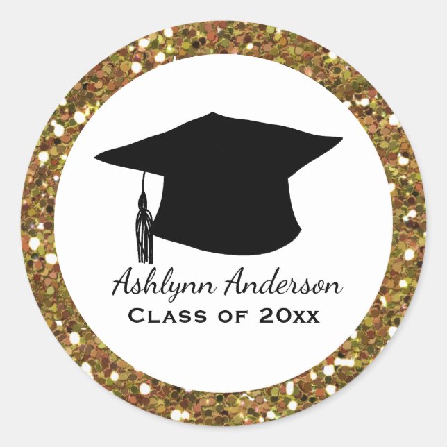 Gold Glitter Personalised Graduation Classic Round Sticker (Front)