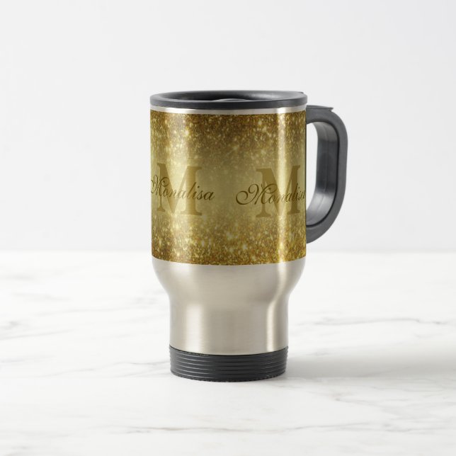 gold glitter personalised  travel mug (Front Right)
