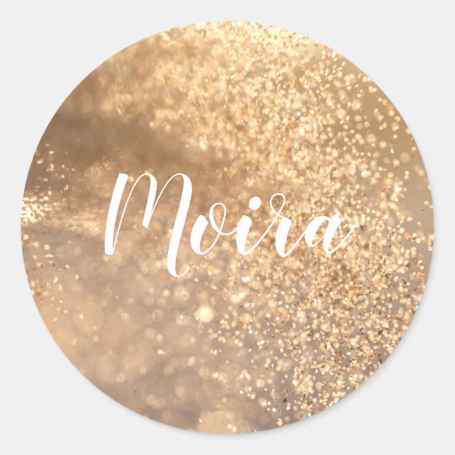Gold Glitter Personalised White Cursive Lettering Classic Round Sticker (Front)
