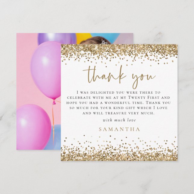 Gold Glitter Photo 21st Square Thank You Card (Front/Back)